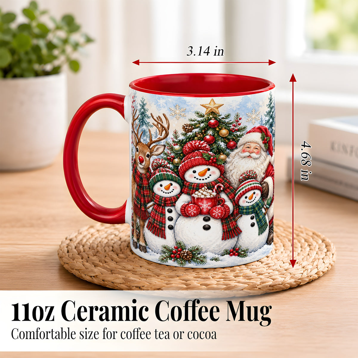 #pl[11oz|Red] Santa Snowman Reindeer Coffee Mug, Christmas Friends Mug, Ceramic Cup