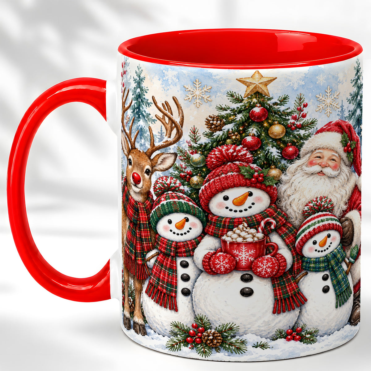 Santa Snowman Reindeer Coffee Mug, Christmas Friends Mug, Ceramic Cup