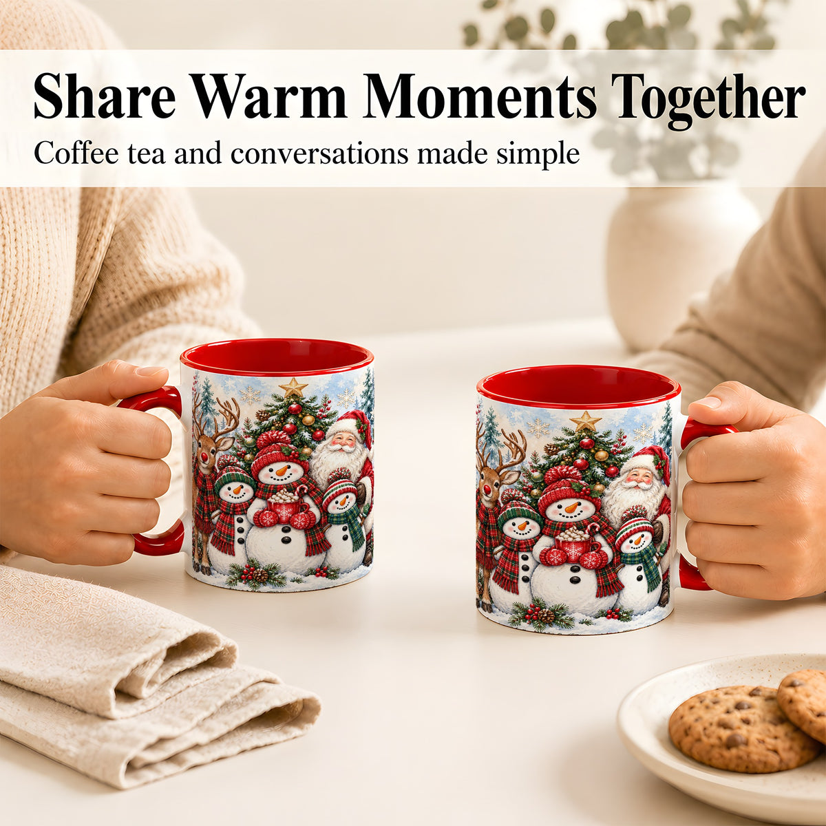 #pl[11oz|Red] Santa Snowman Reindeer Coffee Mug, Christmas Friends Mug, Ceramic Cup