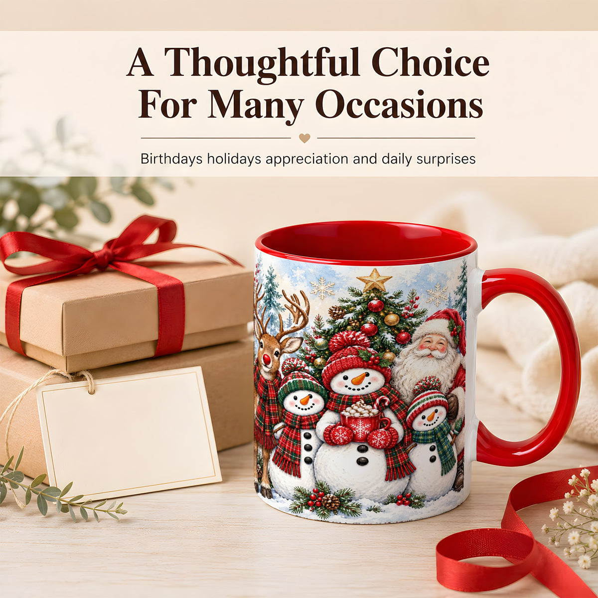 #pl[11oz|Red] Santa Snowman Reindeer Coffee Mug, Christmas Friends Mug, Ceramic Cup