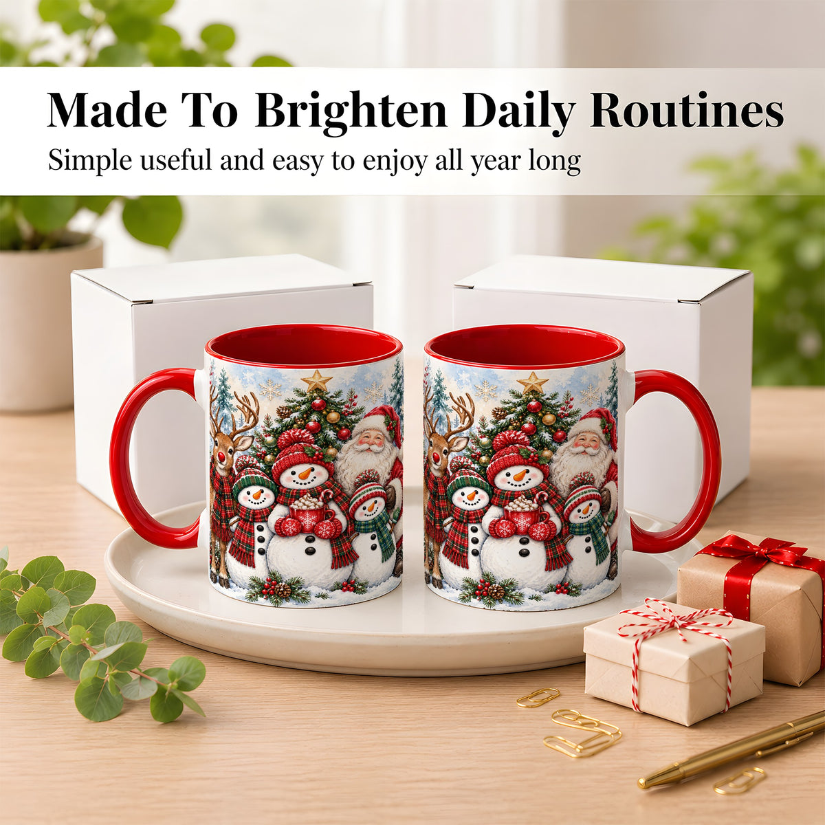 #pl[11oz|Red] Santa Snowman Reindeer Coffee Mug, Christmas Friends Mug, Ceramic Cup