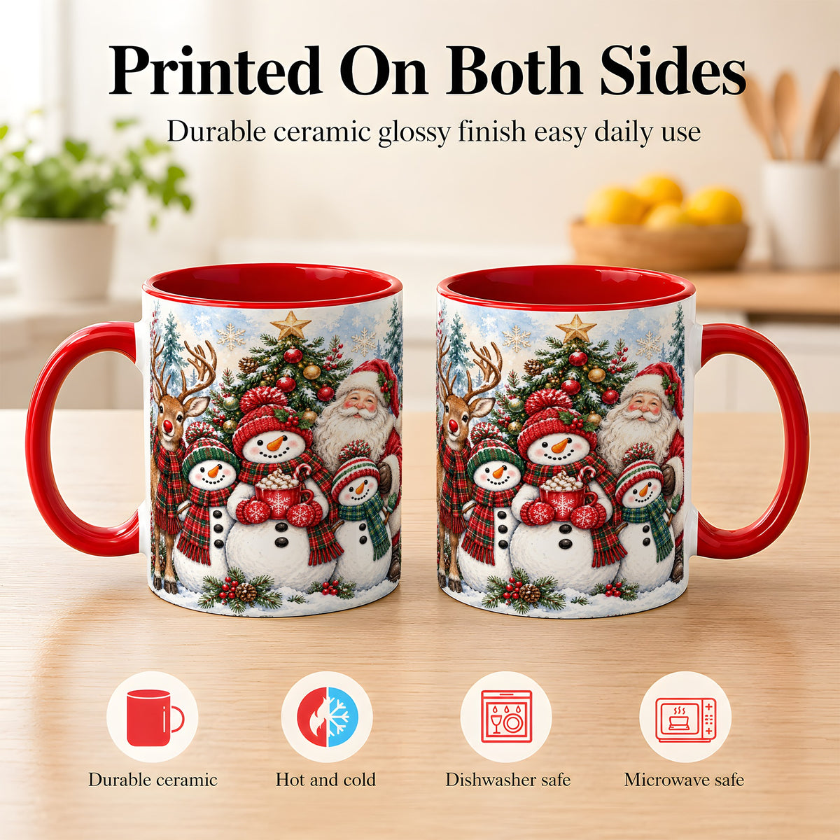 #pl[11oz|Red] Santa Snowman Reindeer Coffee Mug, Christmas Friends Mug, Ceramic Cup