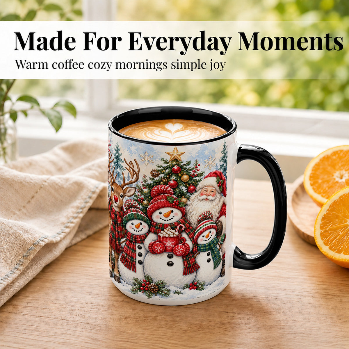 #pl[15oz|Black] Santa Snowman Reindeer Coffee Mug, Christmas Friends Mug, Ceramic Cup