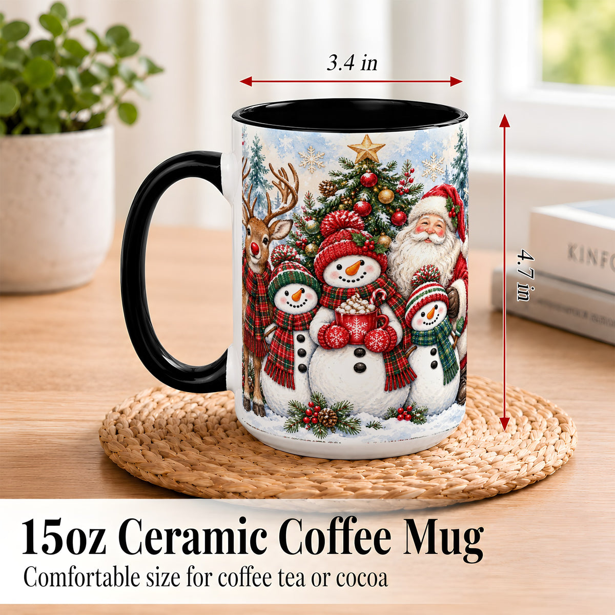 #pl[15oz|Black] Santa Snowman Reindeer Coffee Mug, Christmas Friends Mug, Ceramic Cup