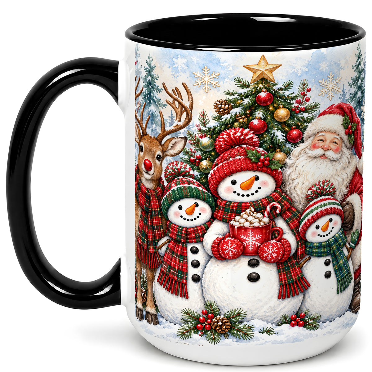 #pl[15oz|Black] Santa Snowman Reindeer Coffee Mug, Christmas Friends Mug, Ceramic Cup
