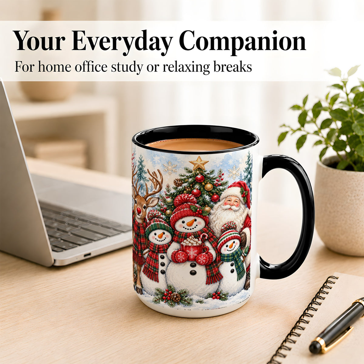 #pl[15oz|Black] Santa Snowman Reindeer Coffee Mug, Christmas Friends Mug, Ceramic Cup
