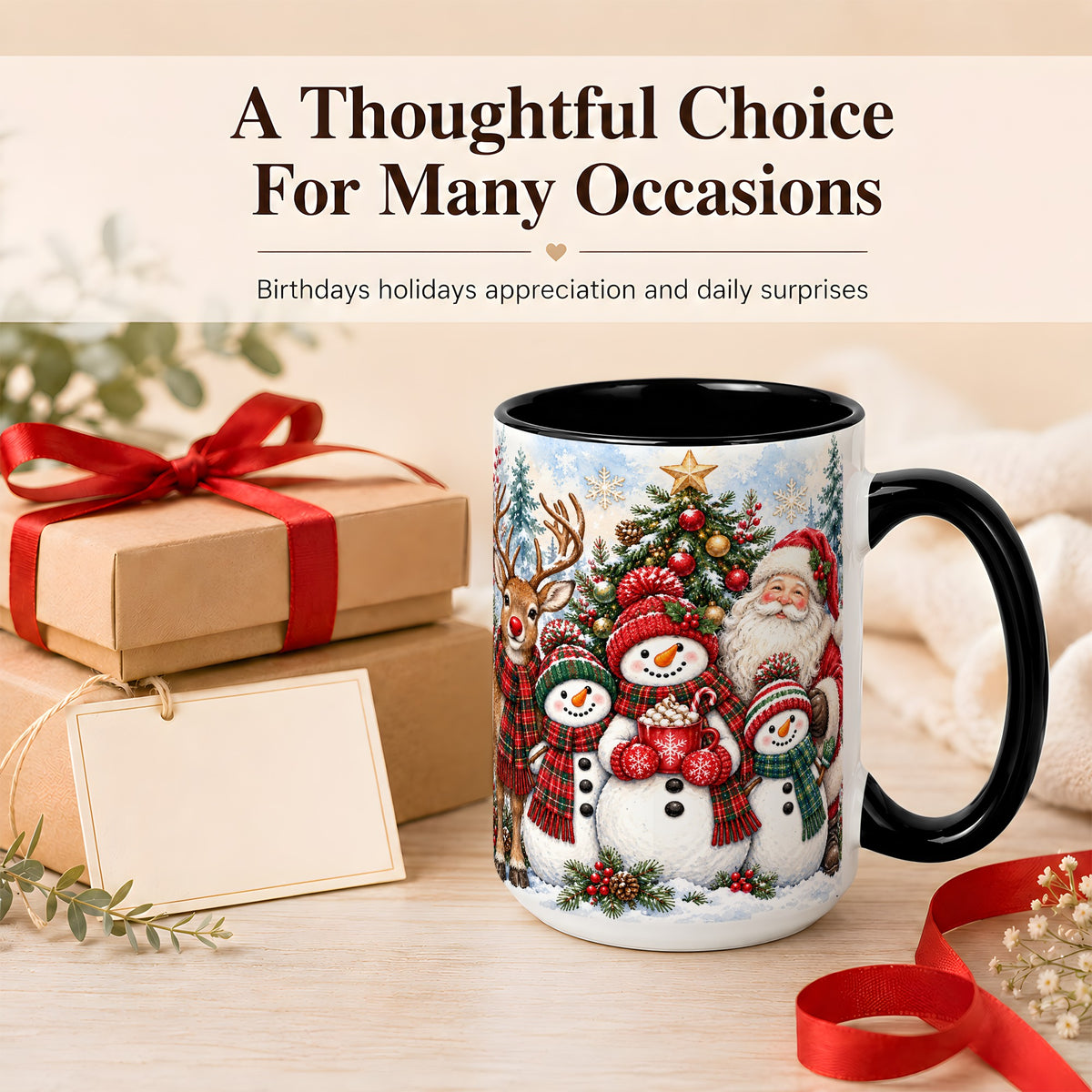 #pl[15oz|Black] Santa Snowman Reindeer Coffee Mug, Christmas Friends Mug, Ceramic Cup