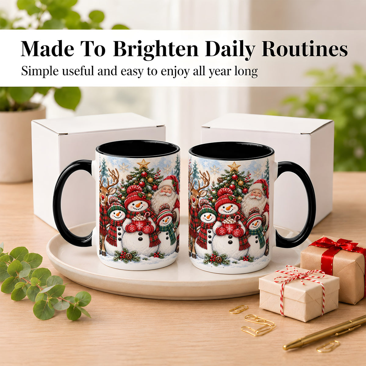#pl[15oz|Black] Santa Snowman Reindeer Coffee Mug, Christmas Friends Mug, Ceramic Cup
