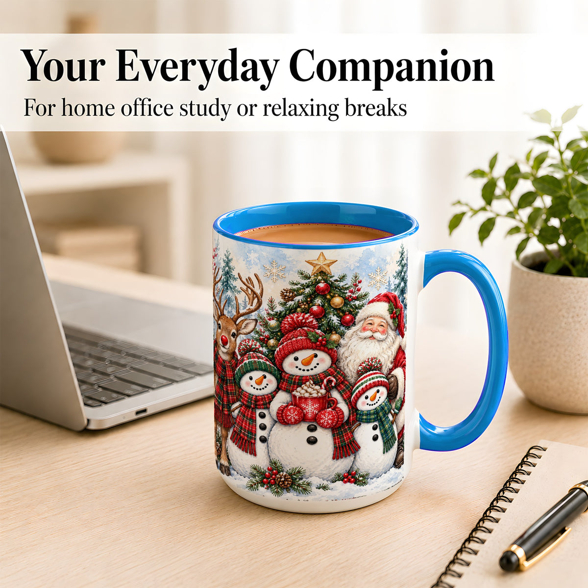 #pl[15oz|Blue] Santa Snowman Reindeer Coffee Mug, Christmas Friends Mug, Ceramic Cup
