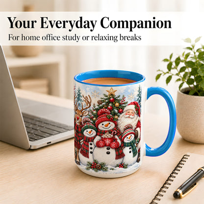 #pl[15oz|Blue] Santa Snowman Reindeer Coffee Mug, Christmas Friends Mug, Ceramic Cup