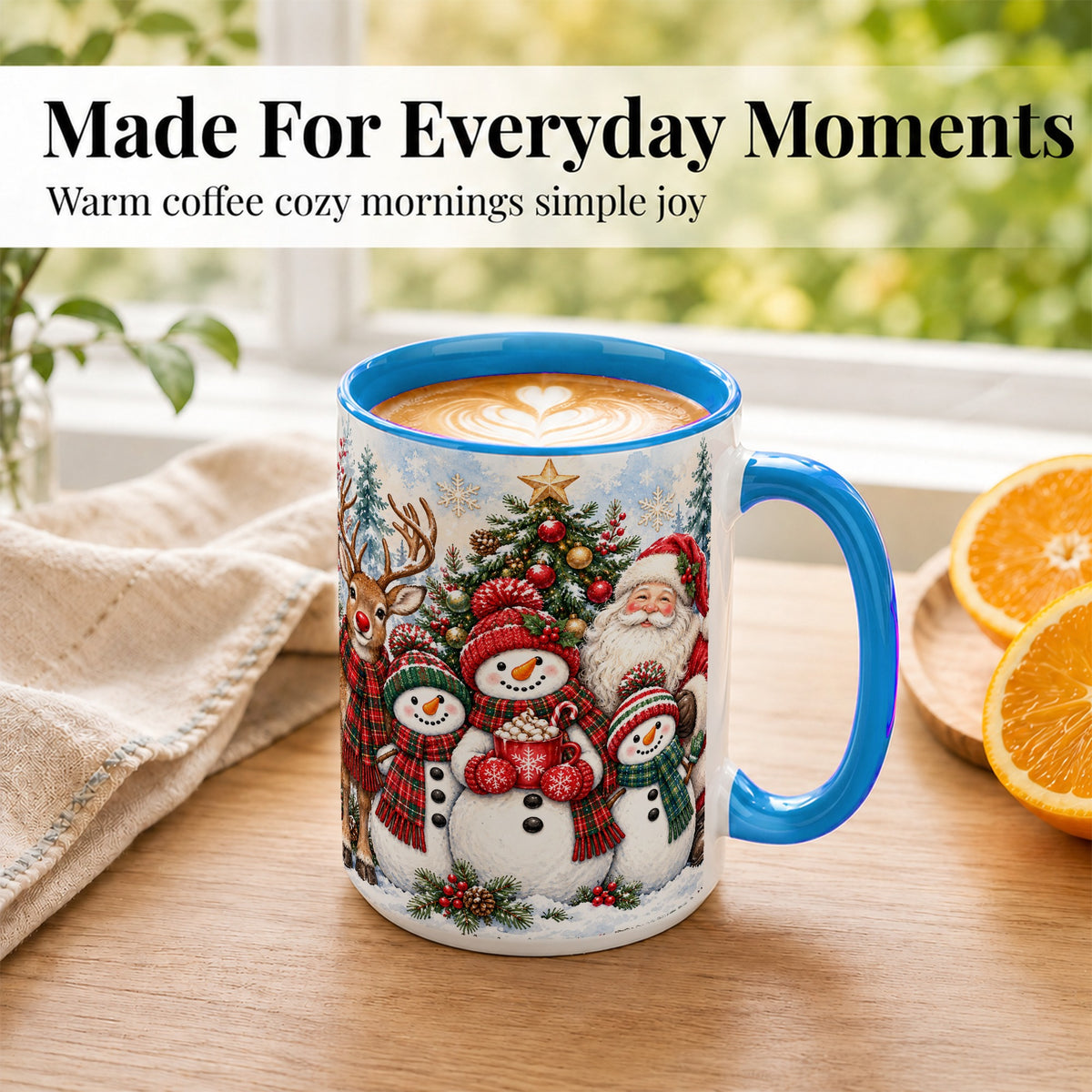 #pl[15oz|Blue] Santa Snowman Reindeer Coffee Mug, Christmas Friends Mug, Ceramic Cup