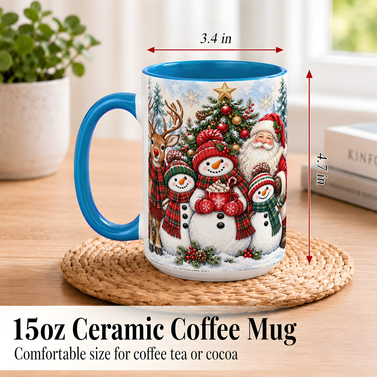 #pl[15oz|Blue] Santa Snowman Reindeer Coffee Mug, Christmas Friends Mug, Ceramic Cup