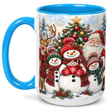 #pl[15oz|Blue] Santa Snowman Reindeer Coffee Mug, Christmas Friends Mug, Ceramic Cup