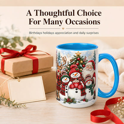 #pl[15oz|Blue] Santa Snowman Reindeer Coffee Mug, Christmas Friends Mug, Ceramic Cup