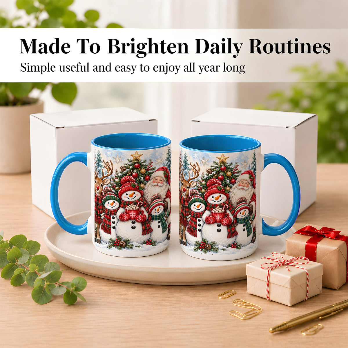 #pl[15oz|Blue] Santa Snowman Reindeer Coffee Mug, Christmas Friends Mug, Ceramic Cup