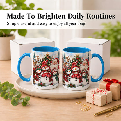 #pl[15oz|Blue] Santa Snowman Reindeer Coffee Mug, Christmas Friends Mug, Ceramic Cup