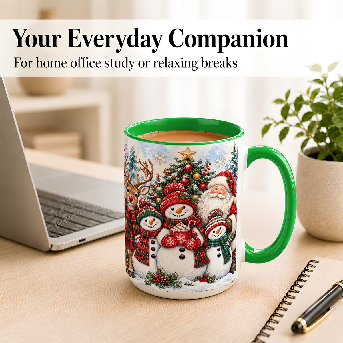 #pl[15oz|Green] Santa Snowman Reindeer Coffee Mug, Christmas Friends Mug, Ceramic Cup