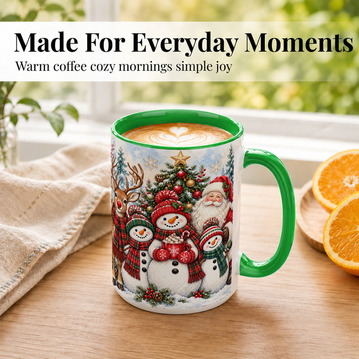 #pl[15oz|Green] Santa Snowman Reindeer Coffee Mug, Christmas Friends Mug, Ceramic Cup