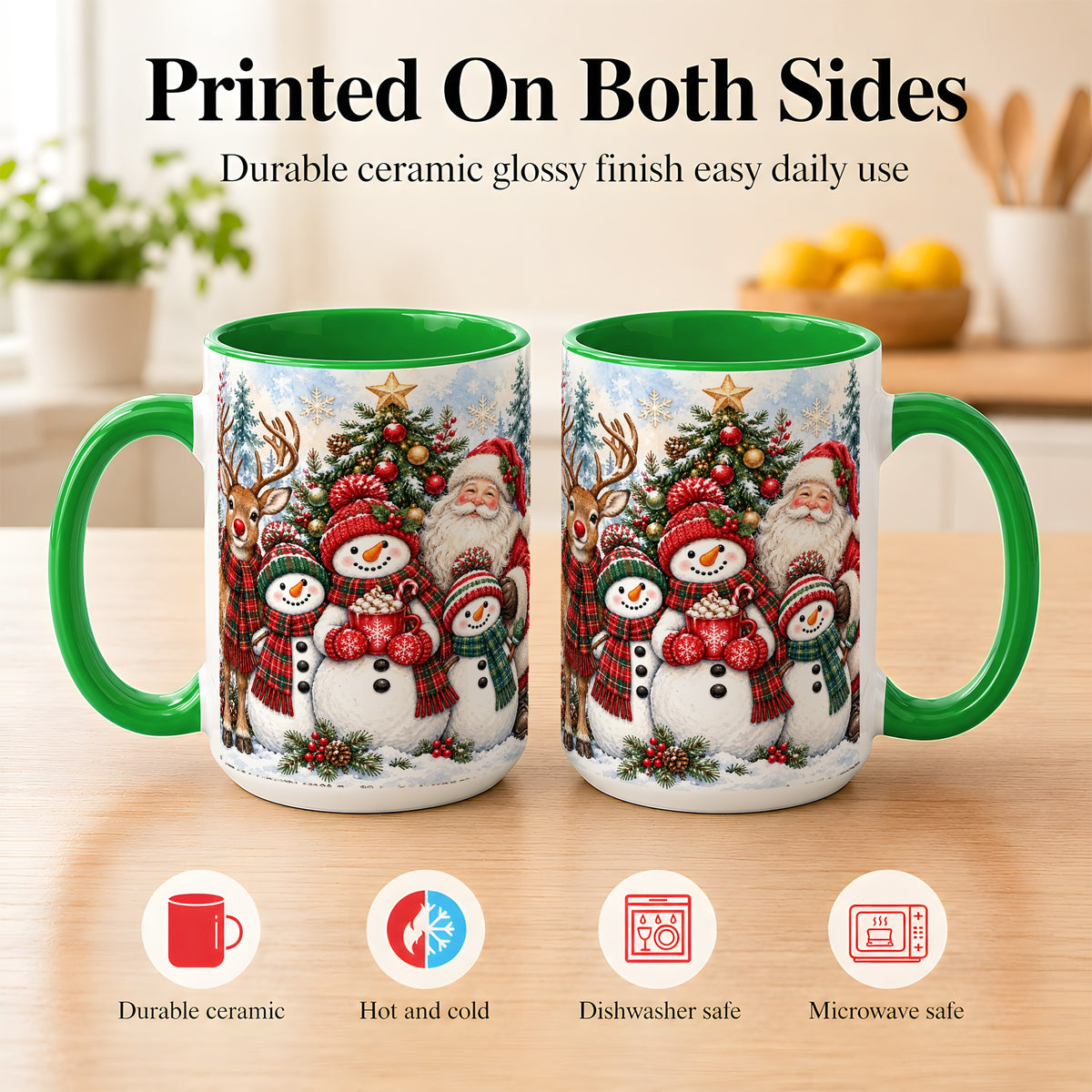#pl[15oz|Green] Santa Snowman Reindeer Coffee Mug, Christmas Friends Mug, Ceramic Cup