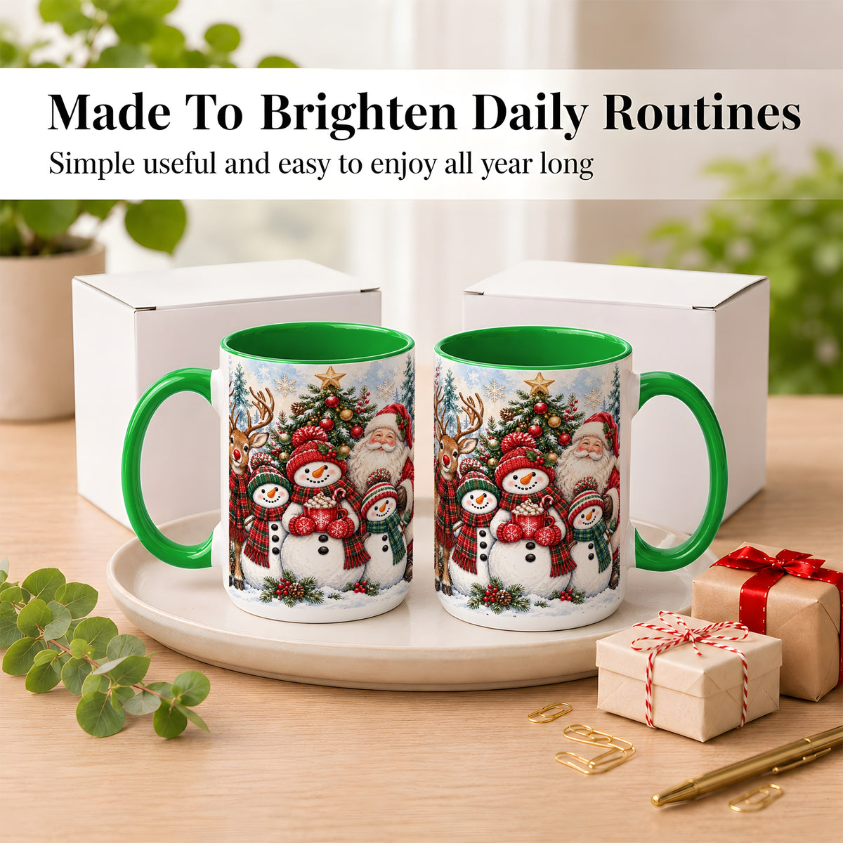 #pl[15oz|Green] Santa Snowman Reindeer Coffee Mug, Christmas Friends Mug, Ceramic Cup