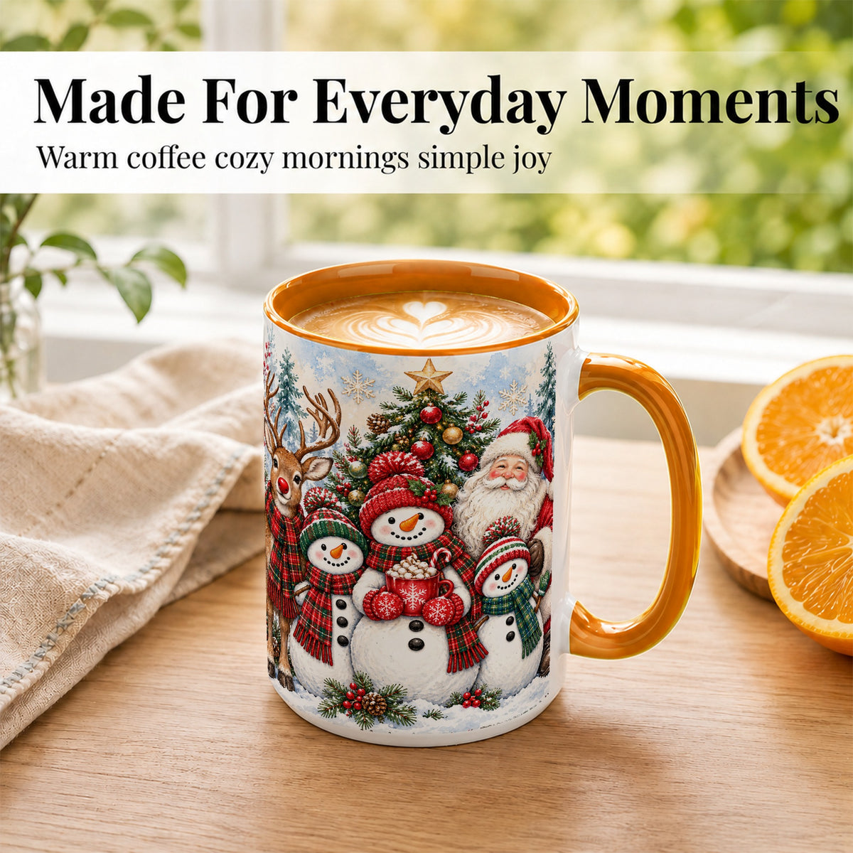 #pl[15oz|Orange] Santa Snowman Reindeer Coffee Mug, Christmas Friends Mug, Ceramic Cup