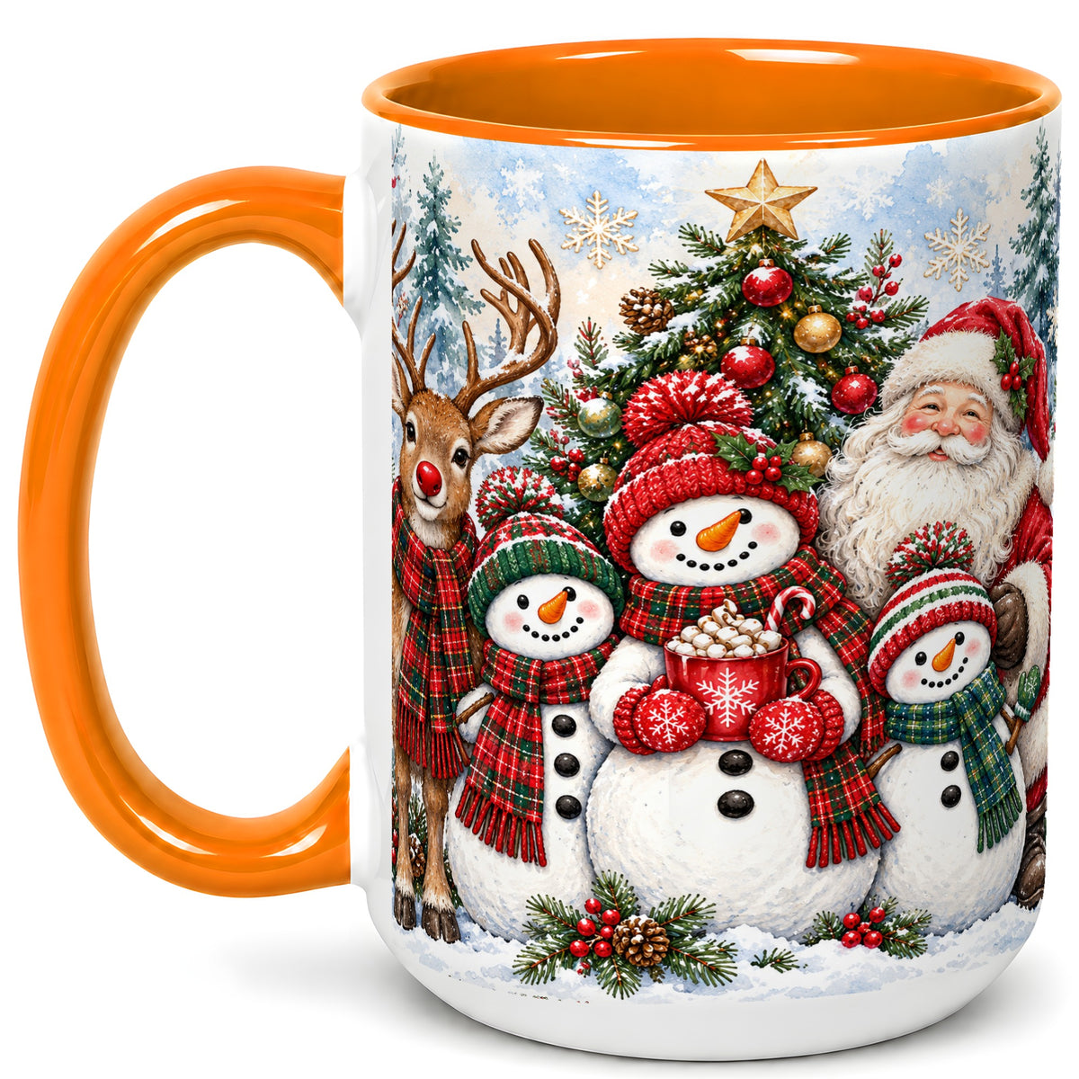 #pl[15oz|Orange] Santa Snowman Reindeer Coffee Mug, Christmas Friends Mug, Ceramic Cup