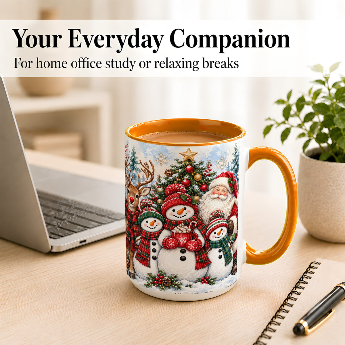 #pl[15oz|Orange] Santa Snowman Reindeer Coffee Mug, Christmas Friends Mug, Ceramic Cup