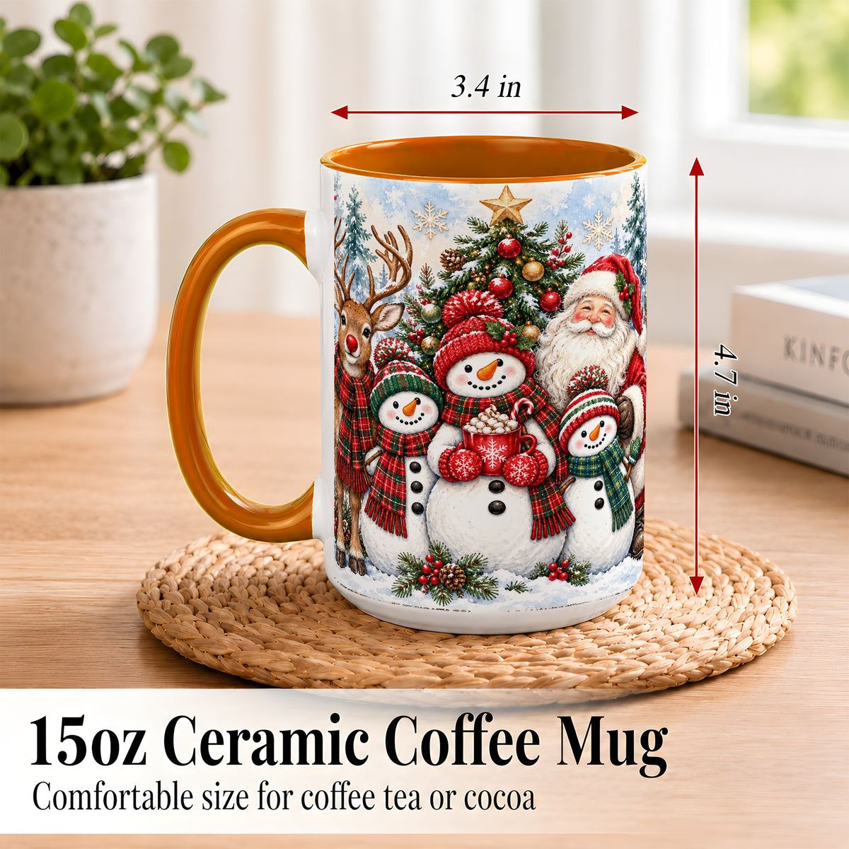 #pl[15oz|Orange] Santa Snowman Reindeer Coffee Mug, Christmas Friends Mug, Ceramic Cup