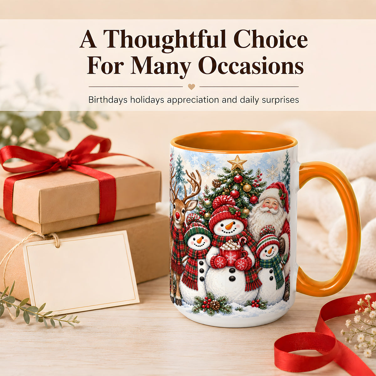 #pl[15oz|Orange] Santa Snowman Reindeer Coffee Mug, Christmas Friends Mug, Ceramic Cup