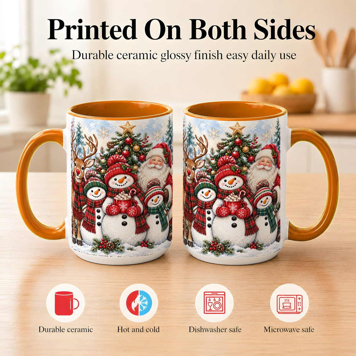 #pl[15oz|Orange] Santa Snowman Reindeer Coffee Mug, Christmas Friends Mug, Ceramic Cup