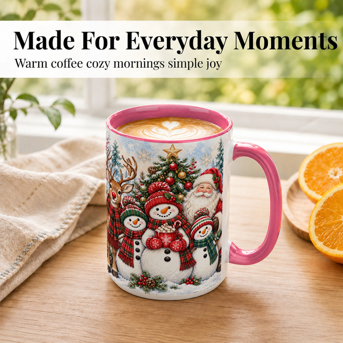 #pl[15oz|Pink] Santa Snowman Reindeer Coffee Mug, Christmas Friends Mug, Ceramic Cup