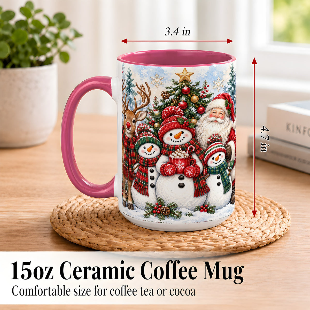#pl[15oz|Pink] Santa Snowman Reindeer Coffee Mug, Christmas Friends Mug, Ceramic Cup