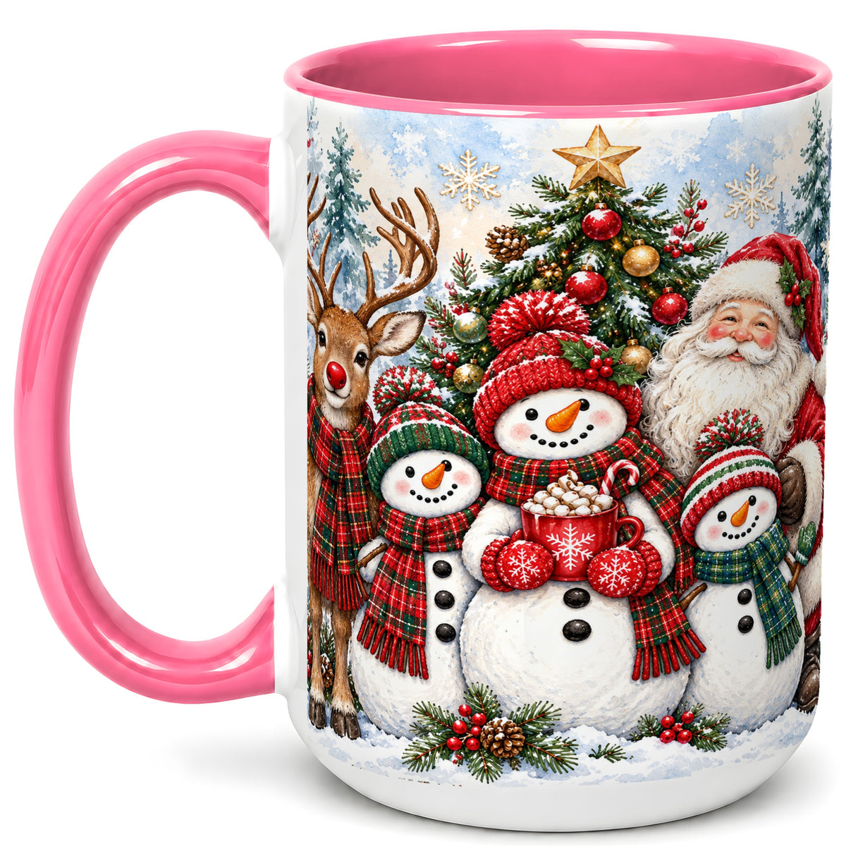 #pl[15oz|Pink] Santa Snowman Reindeer Coffee Mug, Christmas Friends Mug, Ceramic Cup