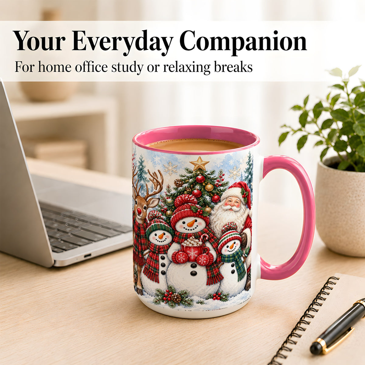 #pl[15oz|Pink] Santa Snowman Reindeer Coffee Mug, Christmas Friends Mug, Ceramic Cup