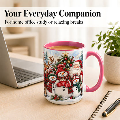 #pl[15oz|Pink] Santa Snowman Reindeer Coffee Mug, Christmas Friends Mug, Ceramic Cup