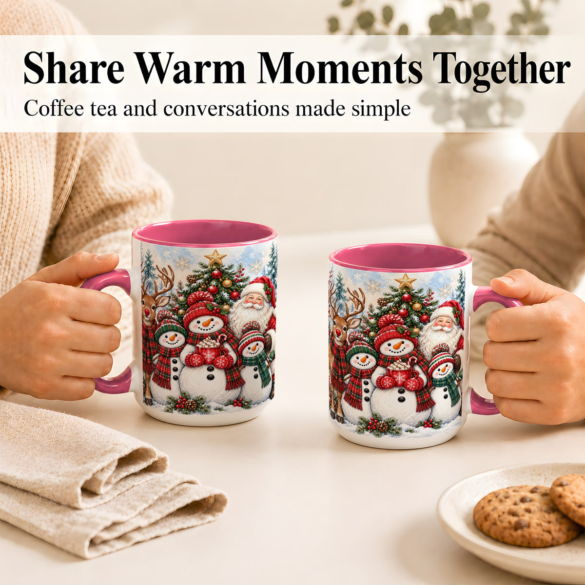 #pl[15oz|Pink] Santa Snowman Reindeer Coffee Mug, Christmas Friends Mug, Ceramic Cup
