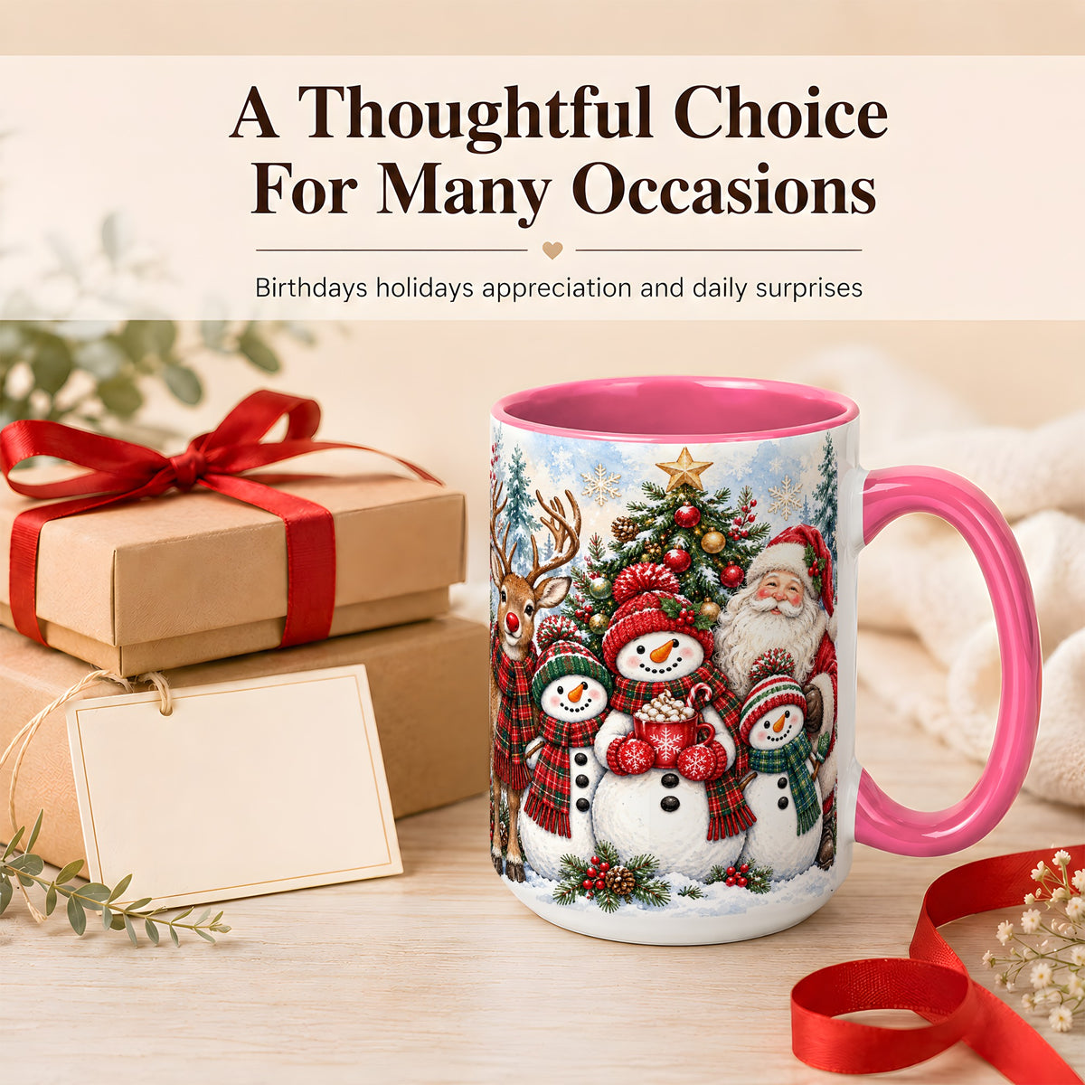 #pl[15oz|Pink] Santa Snowman Reindeer Coffee Mug, Christmas Friends Mug, Ceramic Cup