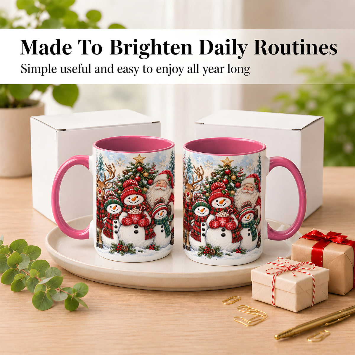 #pl[15oz|Pink] Santa Snowman Reindeer Coffee Mug, Christmas Friends Mug, Ceramic Cup