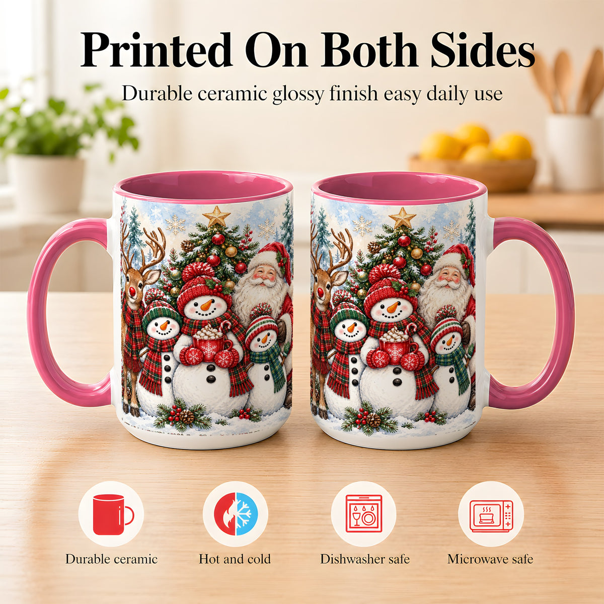 #pl[15oz|Pink] Santa Snowman Reindeer Coffee Mug, Christmas Friends Mug, Ceramic Cup