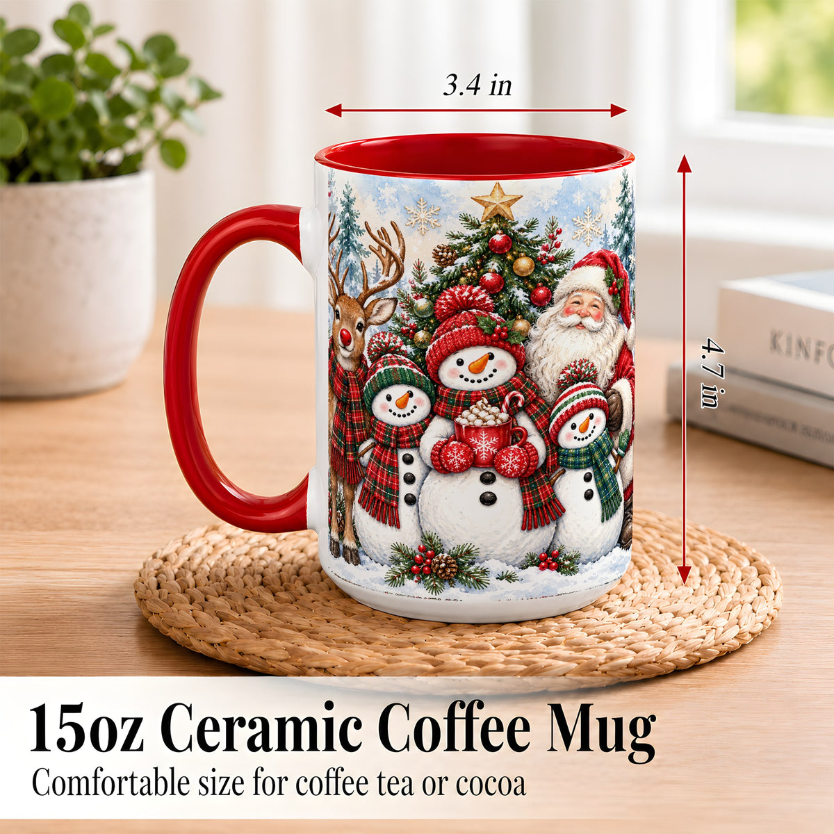 #pl[15oz|Red] Santa Snowman Reindeer Coffee Mug, Christmas Friends Mug, Ceramic Cup