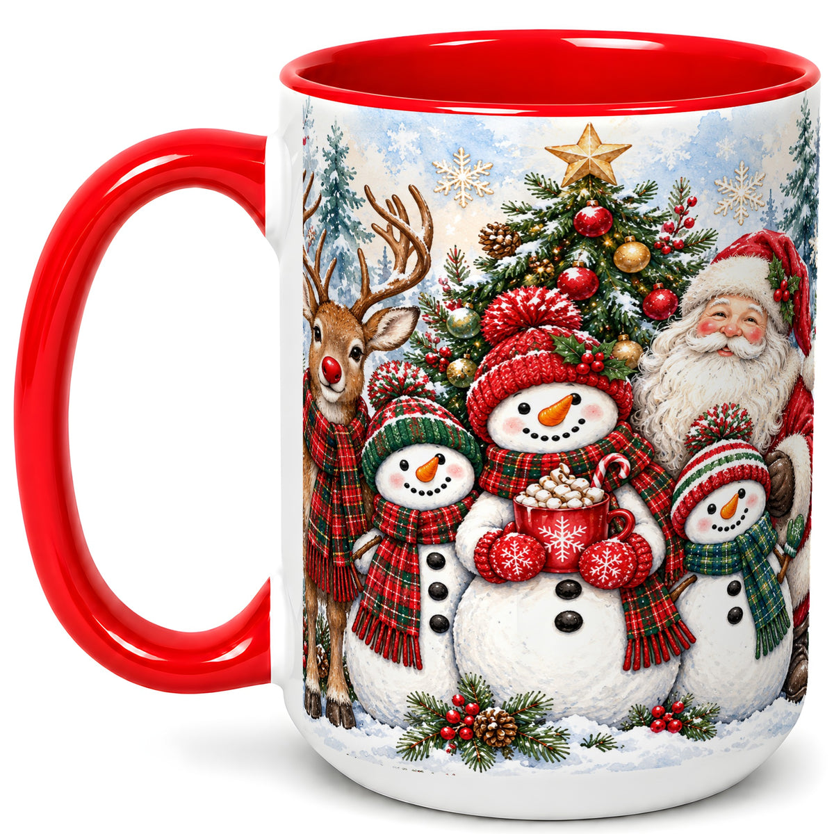 #pl[15oz|Red] Santa Snowman Reindeer Coffee Mug, Christmas Friends Mug, Ceramic Cup