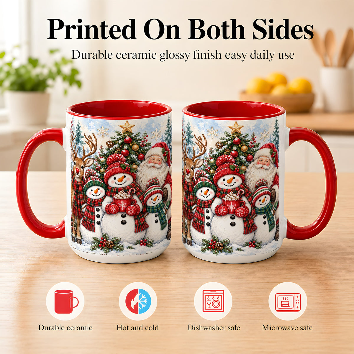 #pl[15oz|Red] Santa Snowman Reindeer Coffee Mug, Christmas Friends Mug, Ceramic Cup