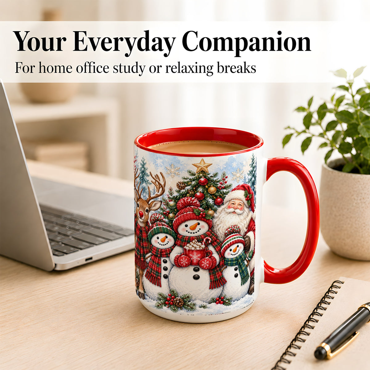 #pl[15oz|Red] Santa Snowman Reindeer Coffee Mug, Christmas Friends Mug, Ceramic Cup