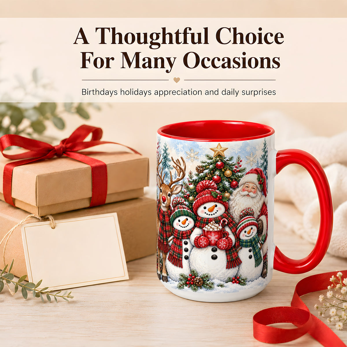 #pl[15oz|Red] Santa Snowman Reindeer Coffee Mug, Christmas Friends Mug, Ceramic Cup