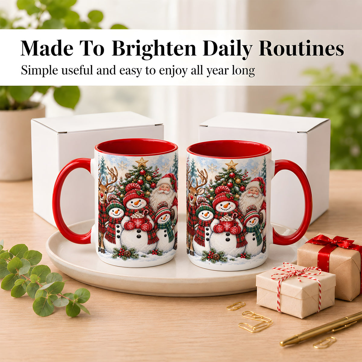 #pl[15oz|Red] Santa Snowman Reindeer Coffee Mug, Christmas Friends Mug, Ceramic Cup