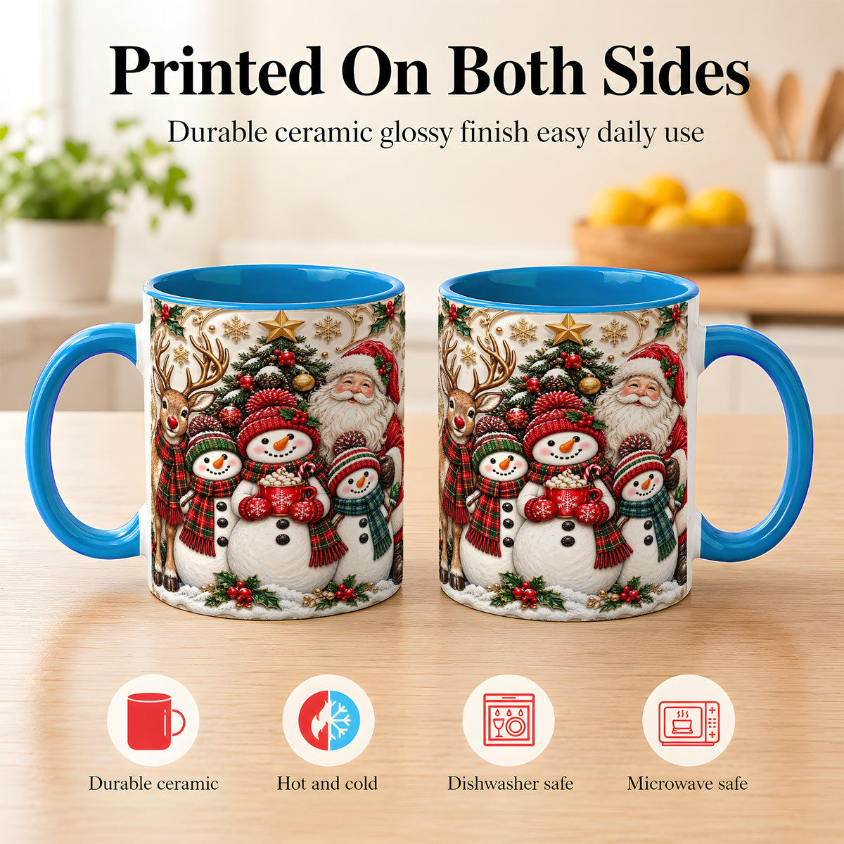#pl[11oz|Blue] Santa Reindeer Snowman Coffee Mug, Christmas Mug, Ceramic Cup