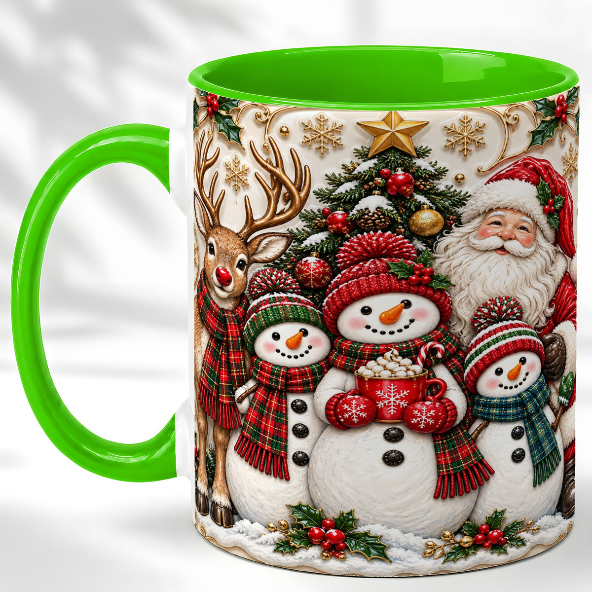 #pl[11oz|Green] Santa Reindeer Snowman Coffee Mug, Christmas Mug, Ceramic Cup