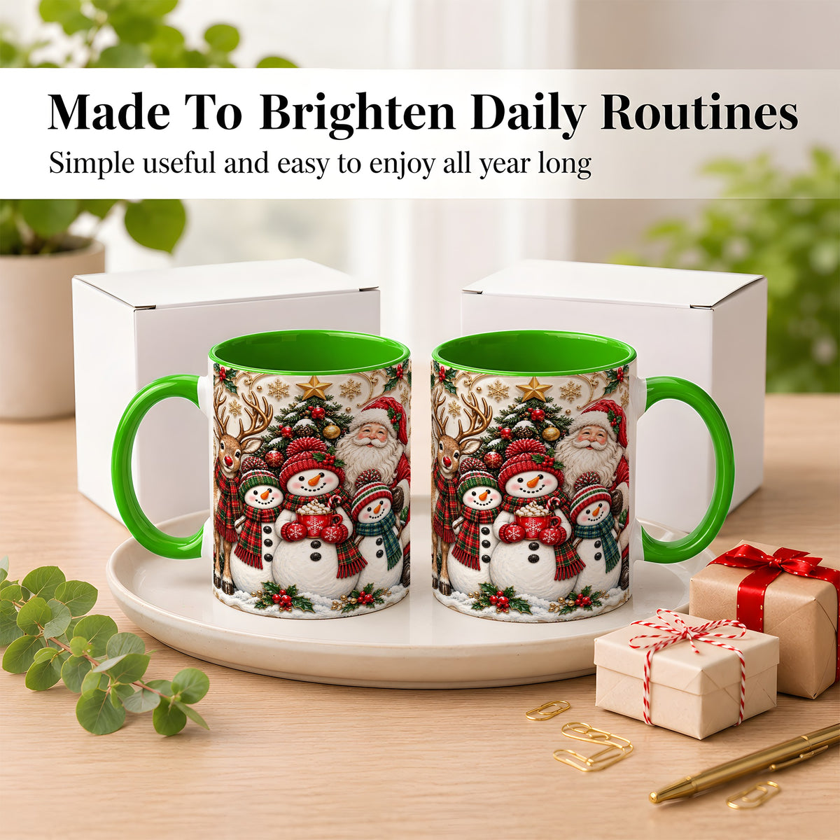#pl[11oz|Green] Santa Reindeer Snowman Coffee Mug, Christmas Mug, Ceramic Cup