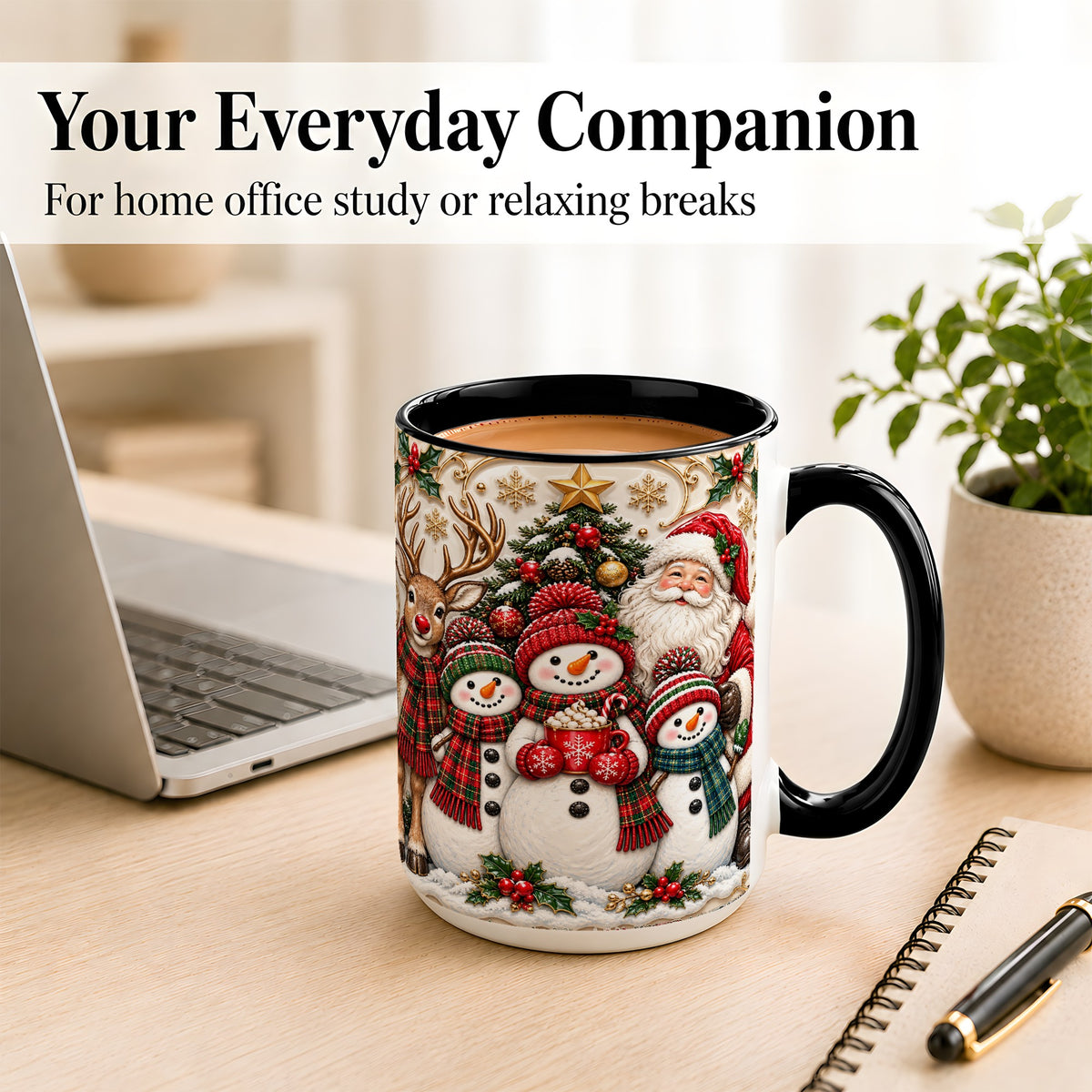 #pl[15oz|Black] Santa Reindeer Snowman Coffee Mug, Christmas Mug, Ceramic Cup
