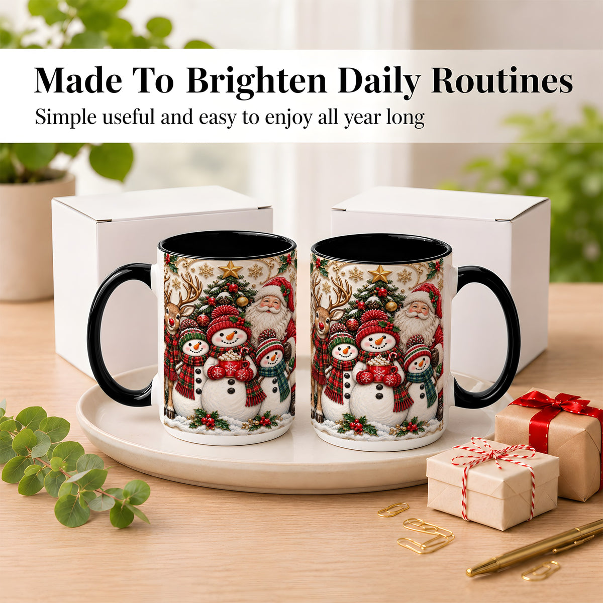 #pl[15oz|Black] Santa Reindeer Snowman Coffee Mug, Christmas Mug, Ceramic Cup